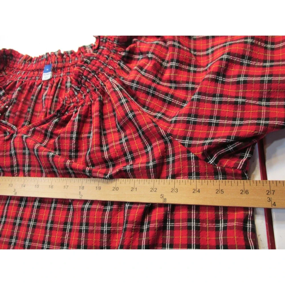 Old Navy Women XL Red Plaid Peasant Top Puff Sleeve Smocked Modal Blouse